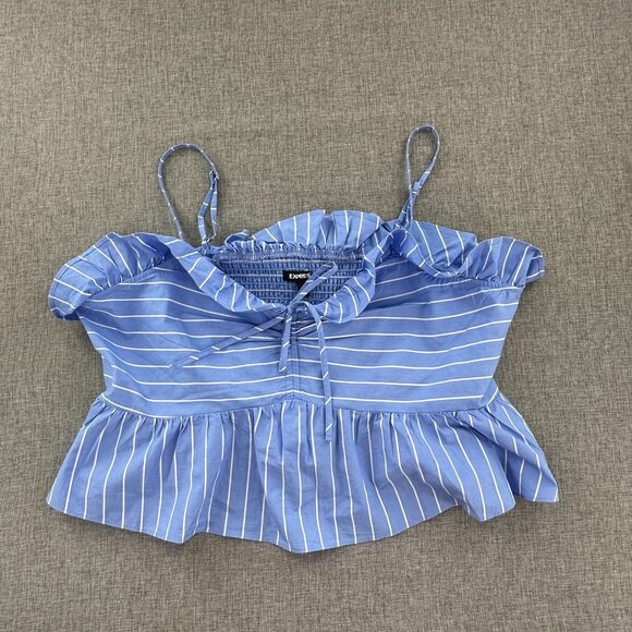 NEW! Express Cropped Peplum Top XL Striped Blue White Ruffled msrp: $54 Cotton - Picture 2 of 14